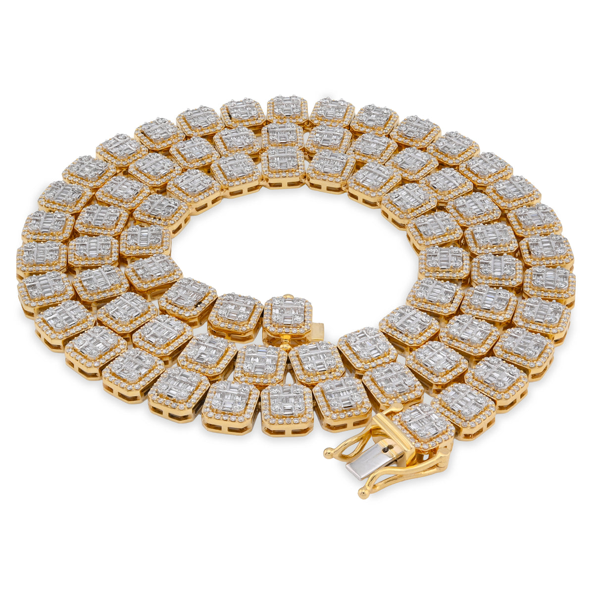 10K Yellow Gold 14.71CT Baguette Natural Diamond 77.3G Tennis Chain Men Women 8MM Necklace