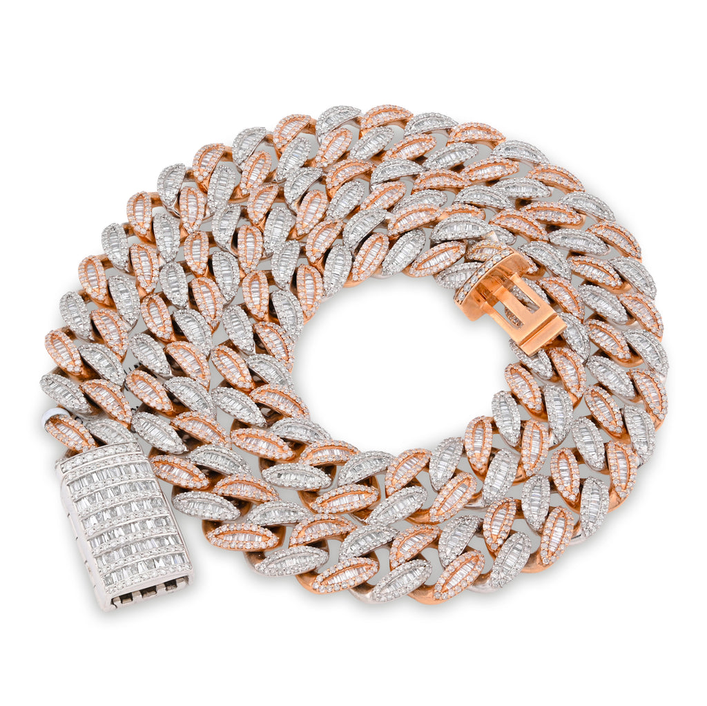 10K Rose/White Gold 21.48CT Natural Round/Baguette Diamond 22" Cuban Link Chain 12MM Necklace