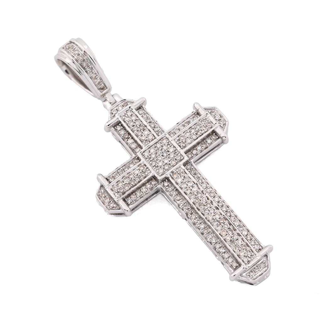 10K White Gold 0.5 CT Natural Diamond Cross Charm Men Pendant 1.75"