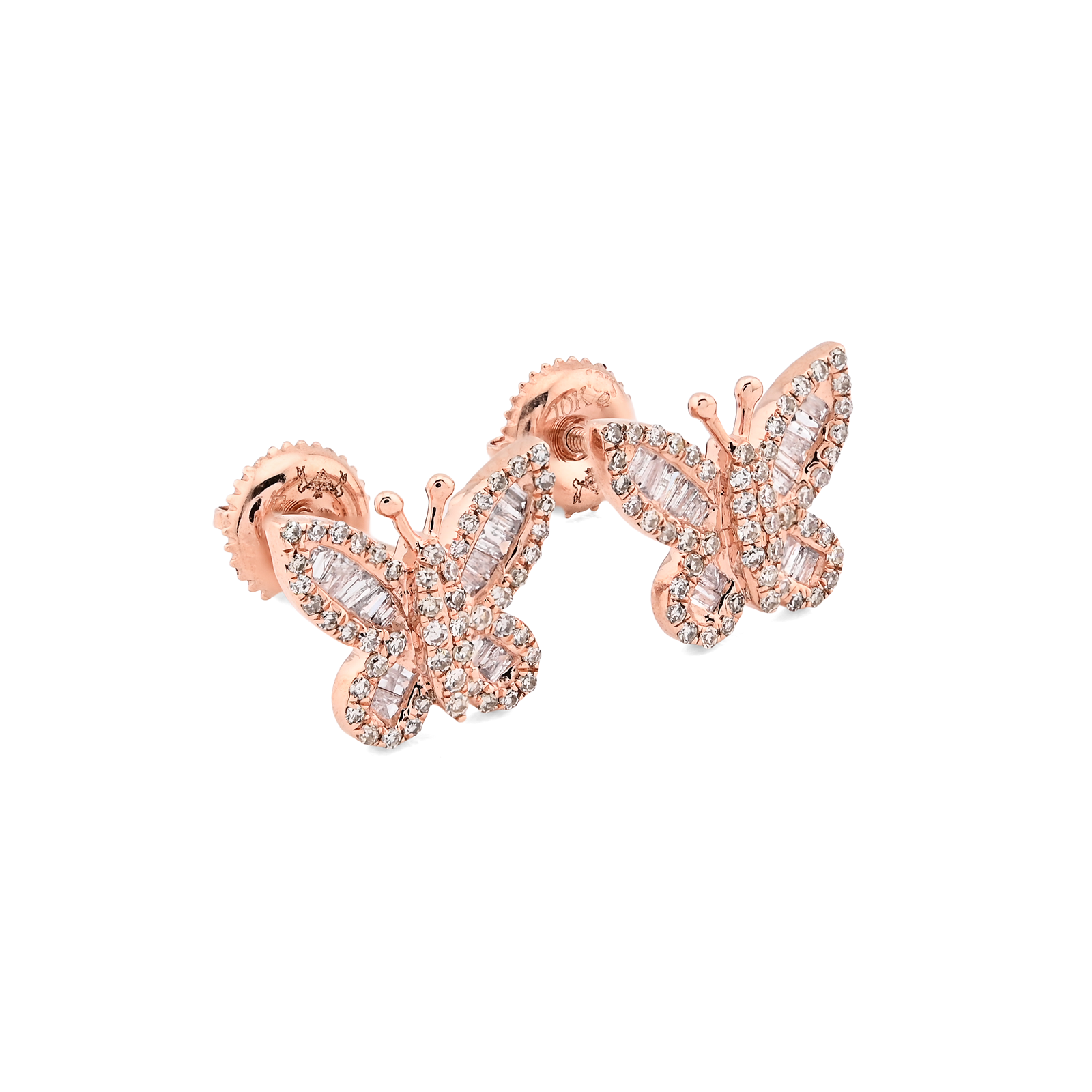 10K Rose Gold 0.46CT Round & Baguette Natural Diamond Butterfly Stud Women Earring