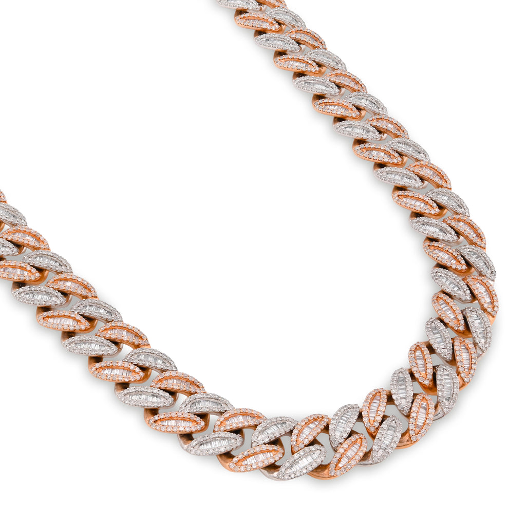 10K Rose/White Gold 21.48CT Natural Round/Baguette Diamond 22" Cuban Link Chain 12MM Necklace