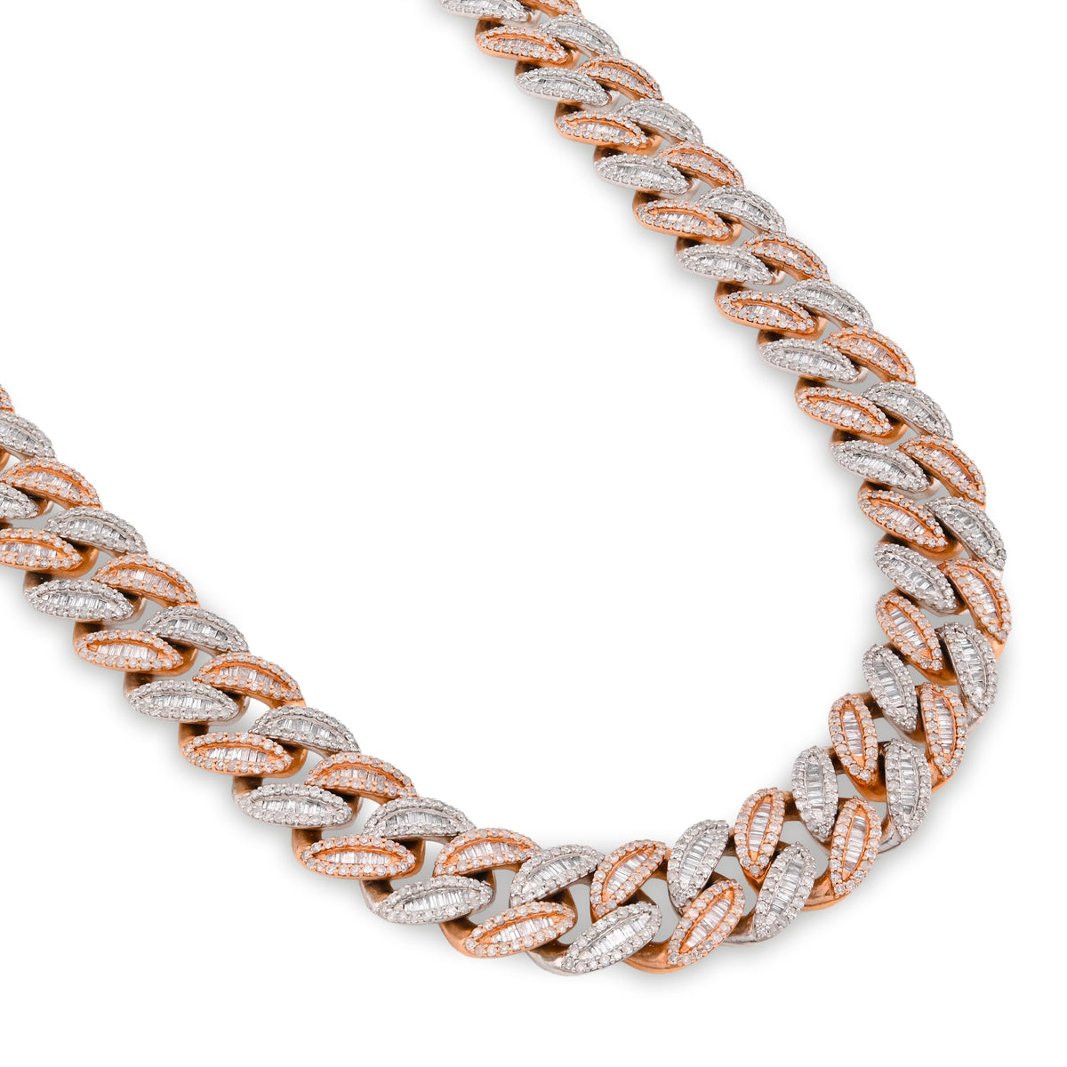10K Rose/White Gold 21.48CT Natural Round/Baguette Diamond 22" Cuban Link Chain 12MM Necklace