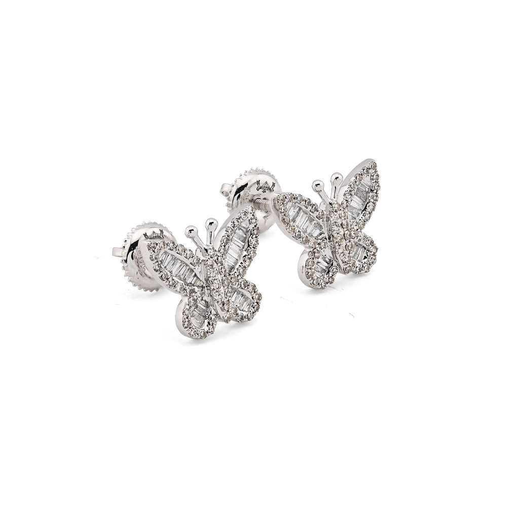 10K White Gold 0.44CT Round & Baguette Natural Diamond Butterfly Stud Women Earring