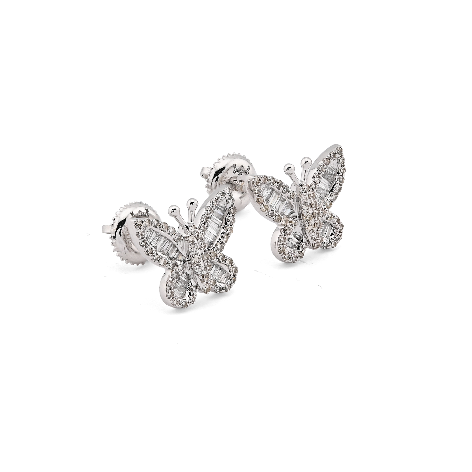 10K White Gold 0.44CT Round & Baguette Natural Diamond Butterfly Stud Women Earring