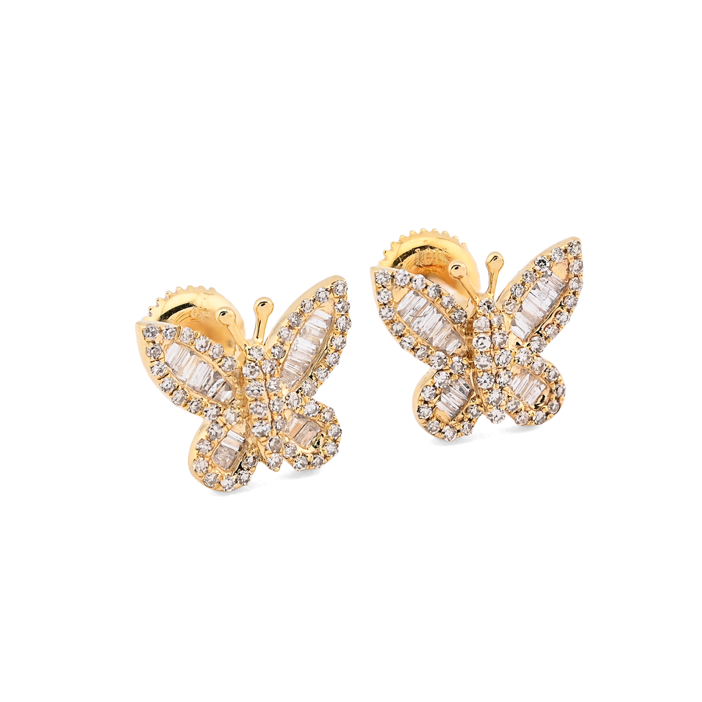 10K Yellow Gold 0.45CT Round & Baguette Natural Diamond Butterfly Stud Women Earring