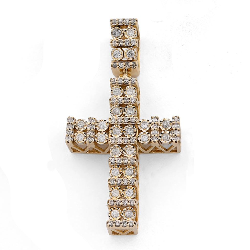 10K Yellow Gold 1.0 CT Natural Diamond Religious Cross Cage Back Men Women Pendant