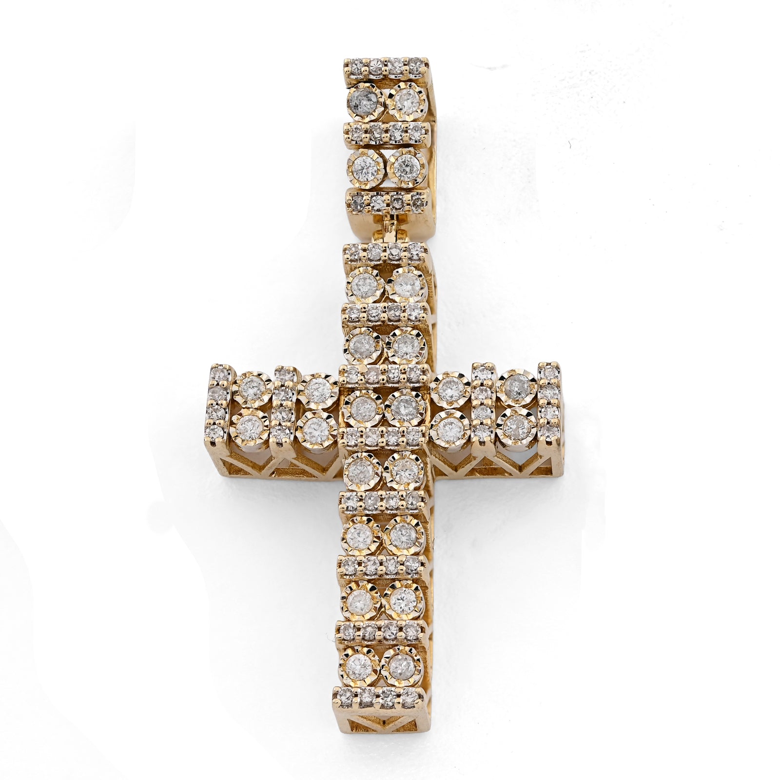 10K Yellow Gold 1.0 CT Natural Diamond Religious Cross Cage Back Men Women Pendant