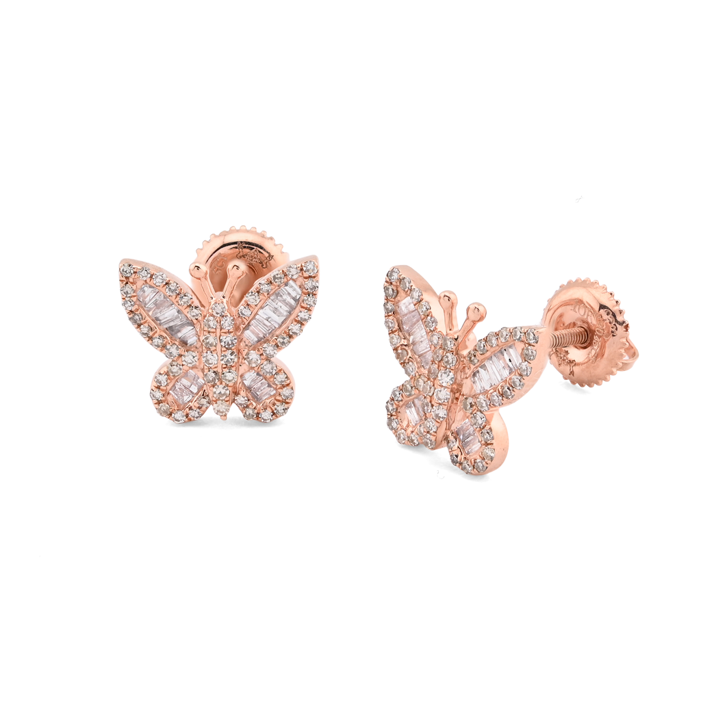 10K Rose Gold 0.46CT Round & Baguette Natural Diamond Butterfly Stud Women Earring