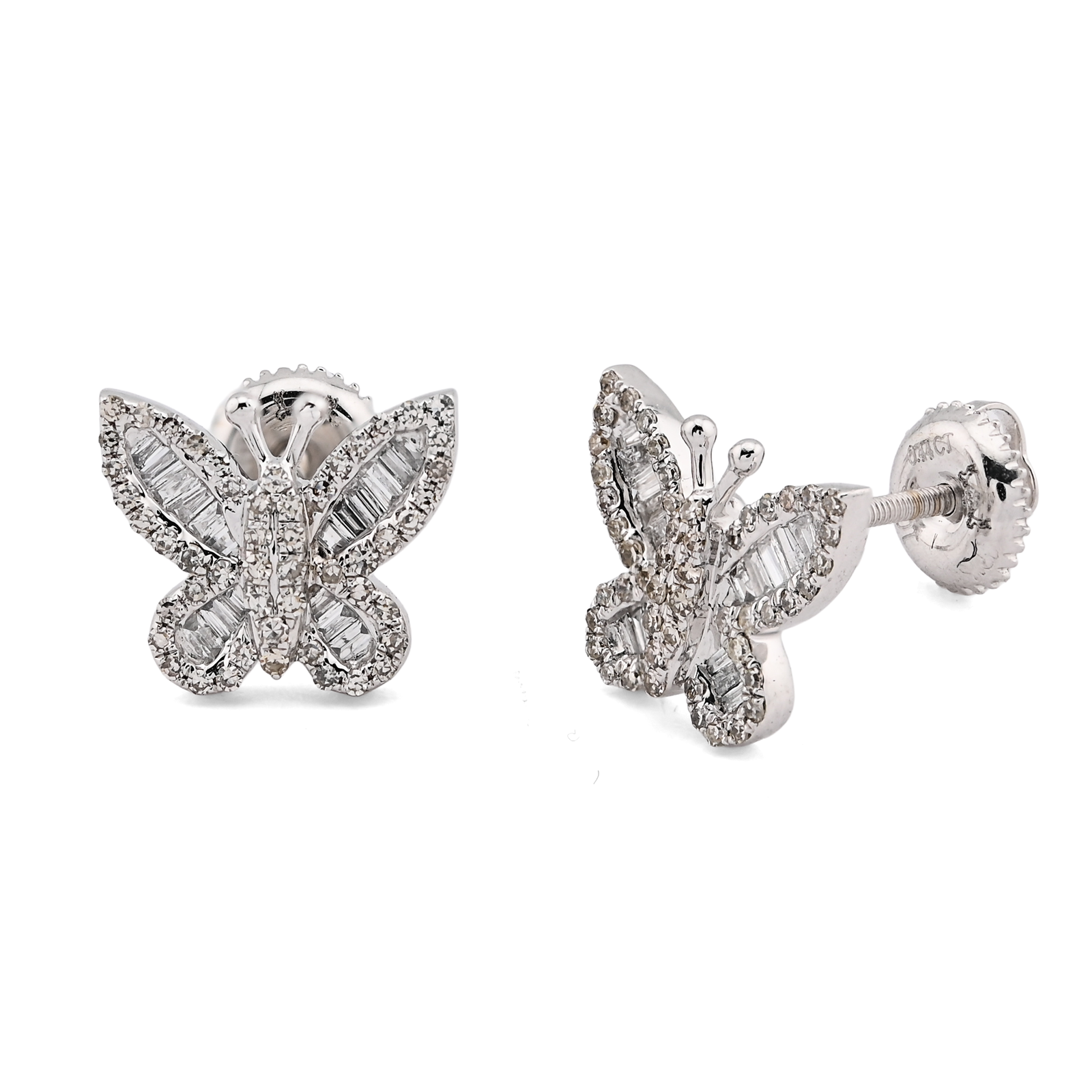 10K White Gold 0.44CT Round & Baguette Natural Diamond Butterfly Stud Women Earring