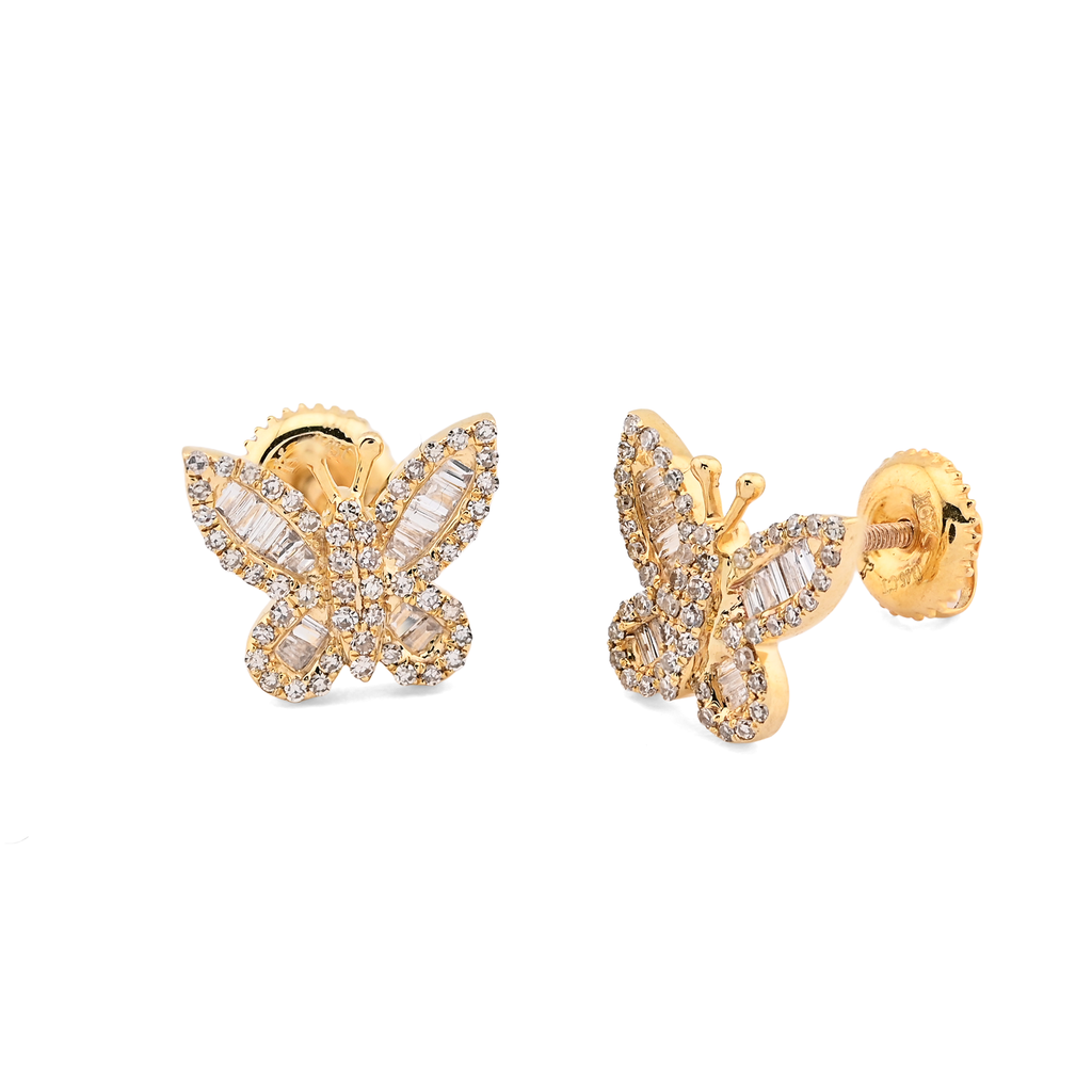 10K Yellow Gold 0.45CT Round & Baguette Natural Diamond Butterfly Stud Women Earring