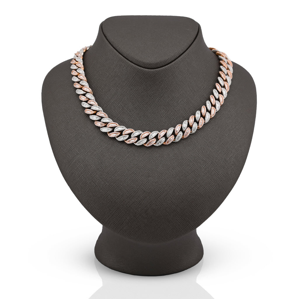 10K Rose/White Gold 21.48CT Natural Round/Baguette Diamond 22" Cuban Link Chain 12MM Necklace
