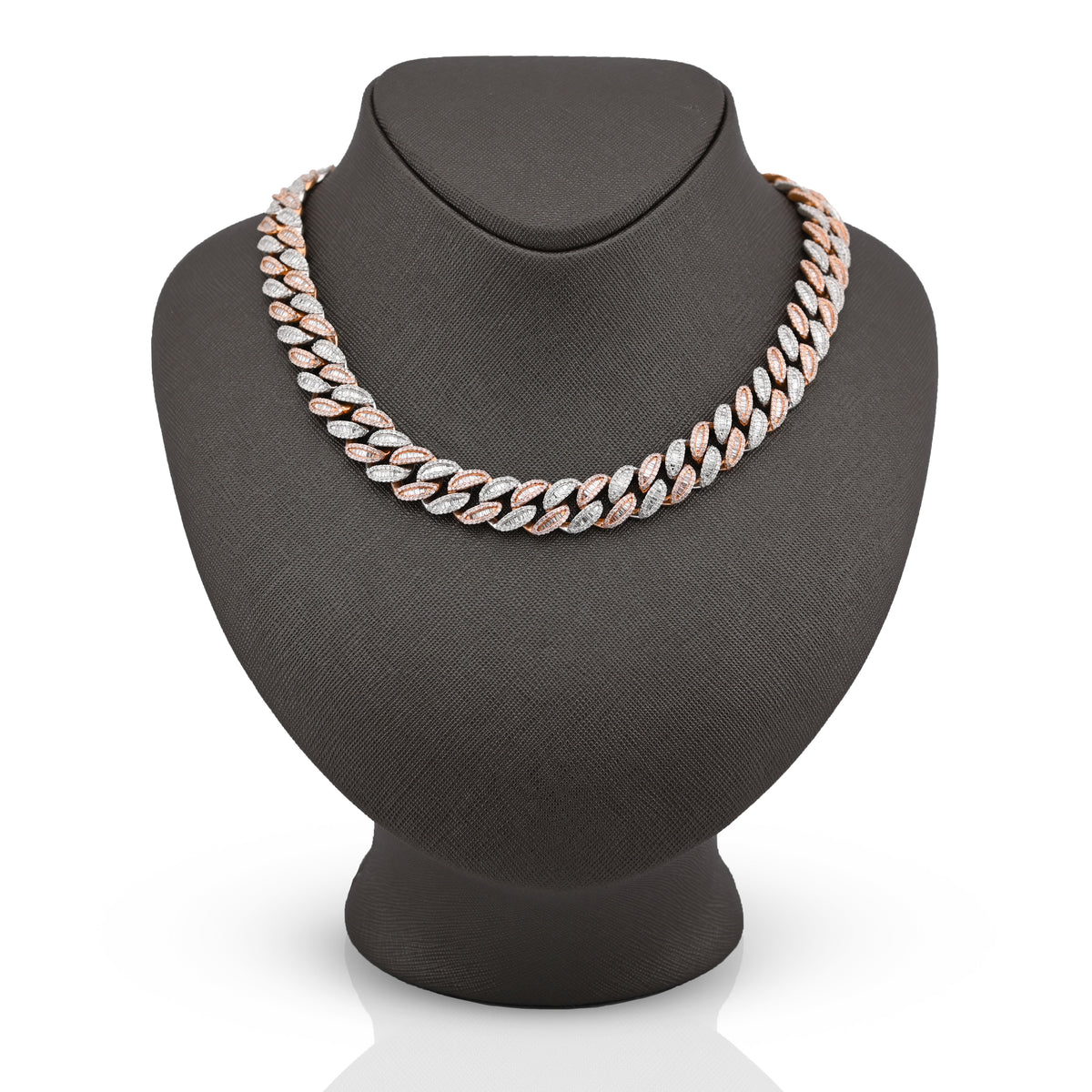 10K Rose/White Gold 21.48CT Natural Round/Baguette Diamond 22" Cuban Link Chain 12MM Necklace