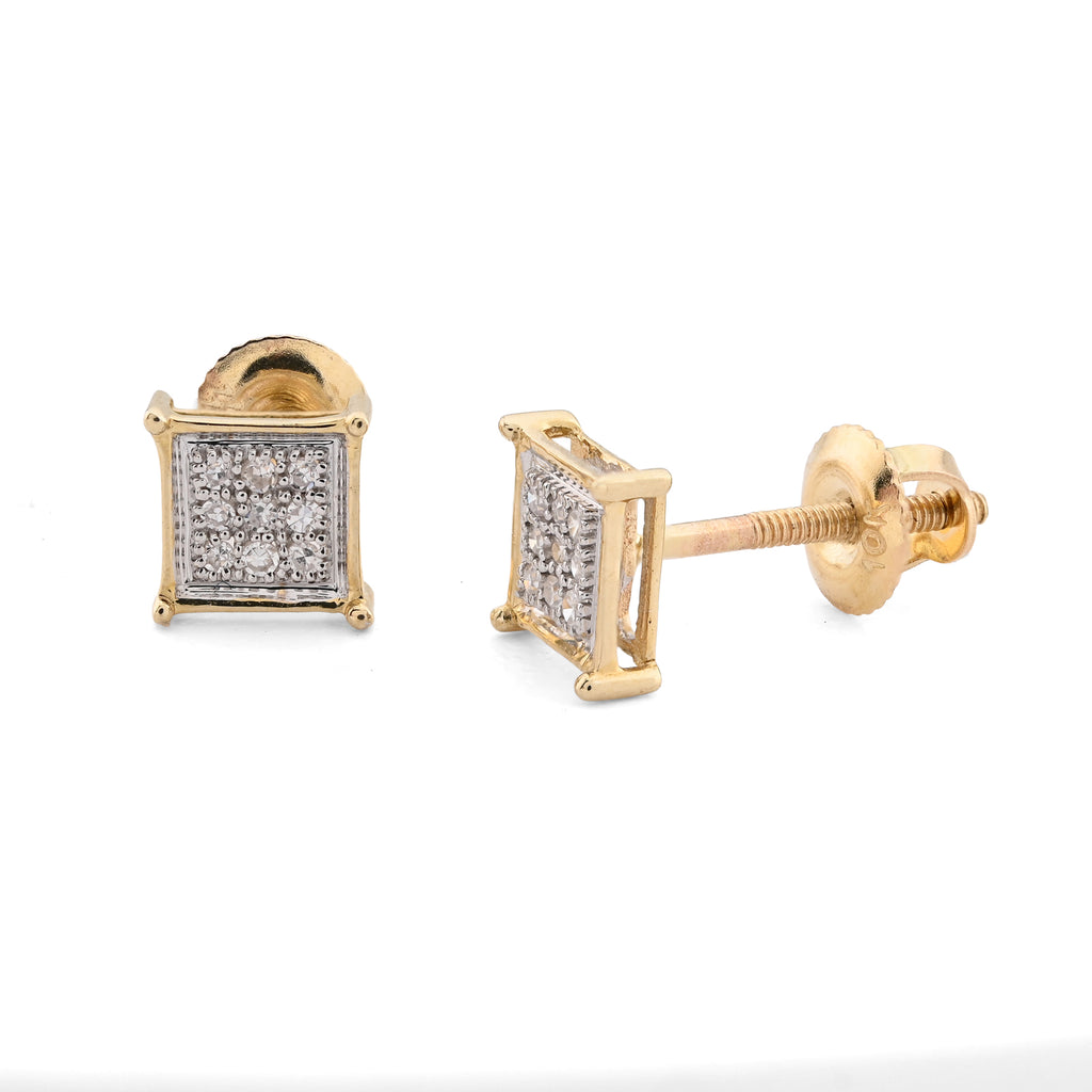 10K Yellow Gold 0.06 CT Natural Diamond Square Studs Men Women Earrings
