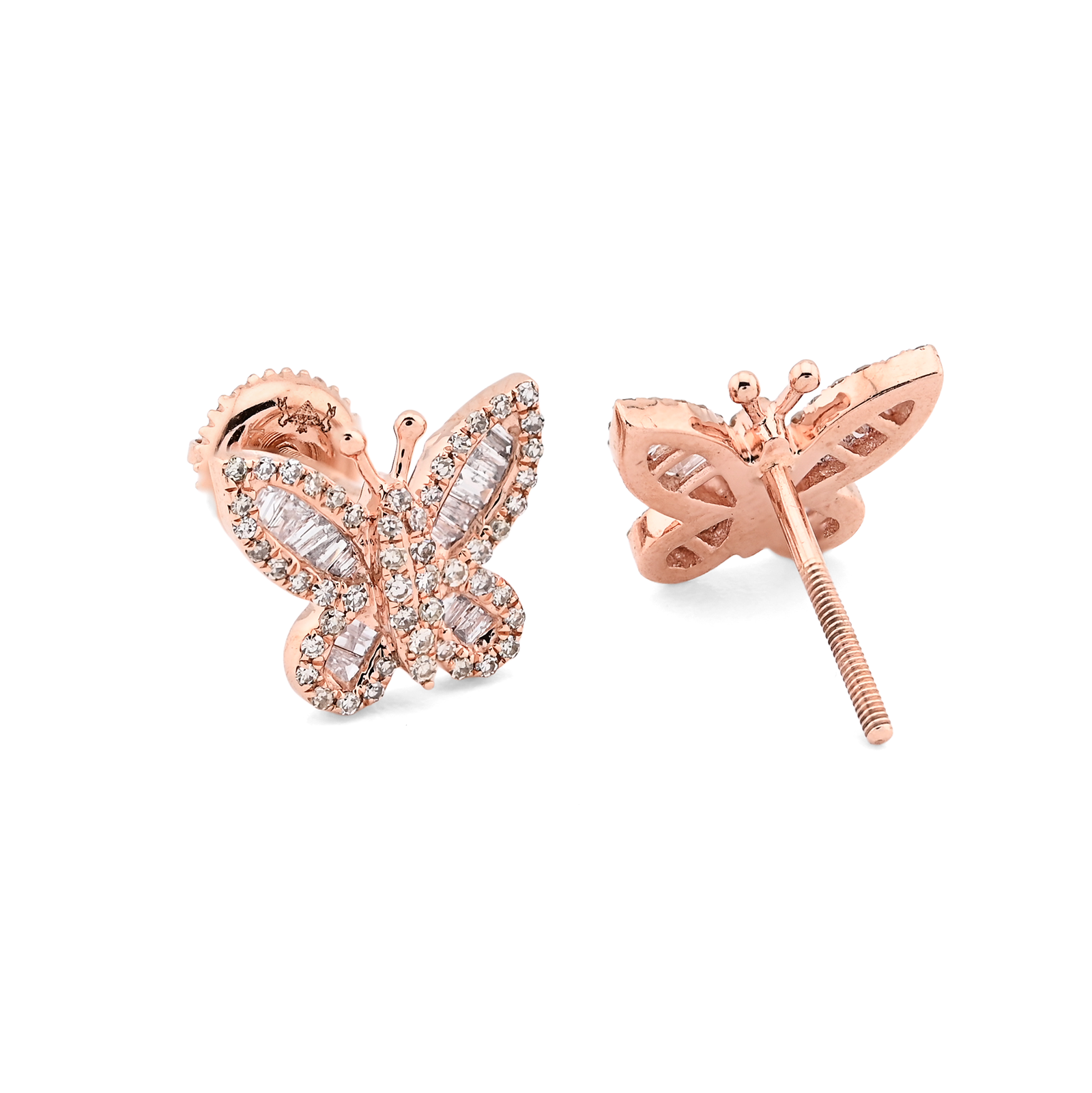 10K Rose Gold 0.46CT Round & Baguette Natural Diamond Butterfly Stud Women Earring