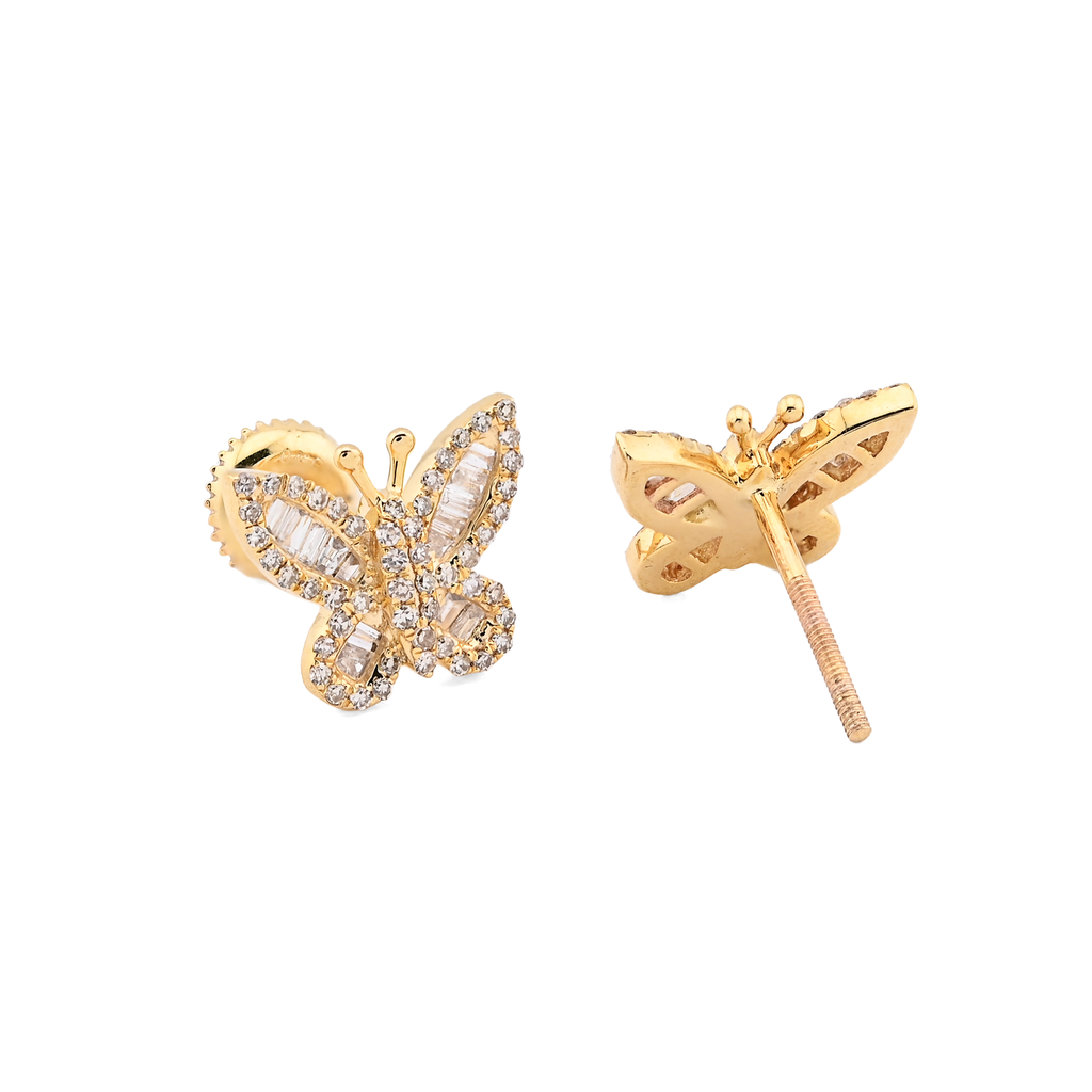 10K Yellow Gold 0.45CT Round & Baguette Natural Diamond Butterfly Stud Women Earring