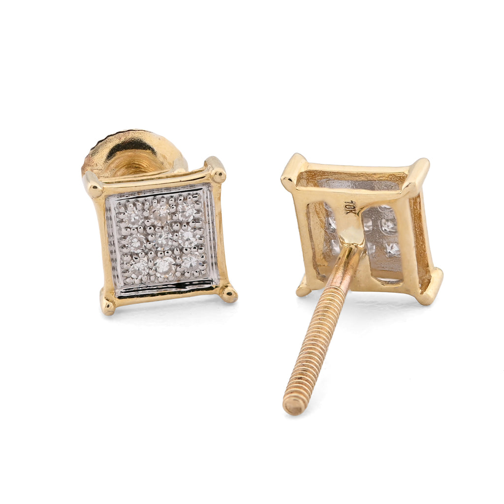 10K Yellow Gold 0.06 CT Natural Diamond Square Studs Men Women Earrings