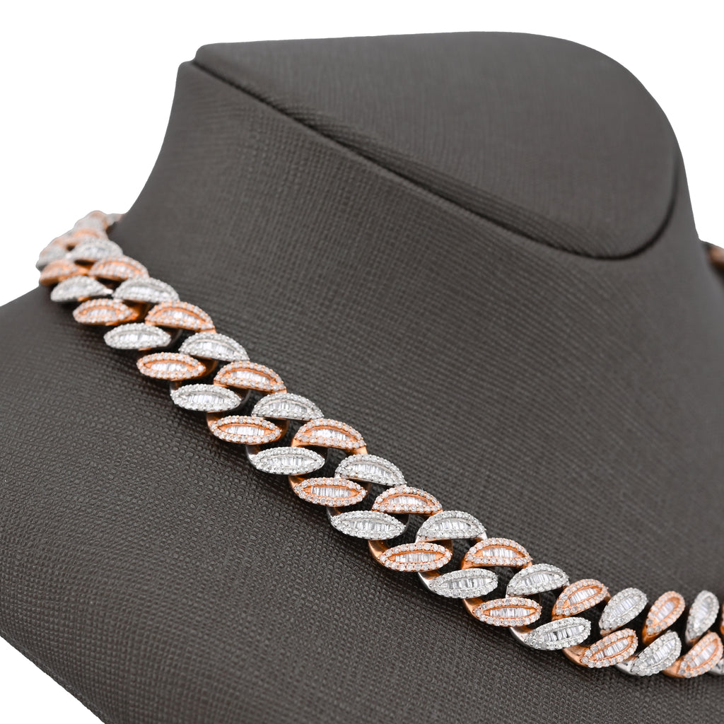 10K Rose/White Gold 21.48CT Natural Round/Baguette Diamond 22" Cuban Link Chain 12MM Necklace
