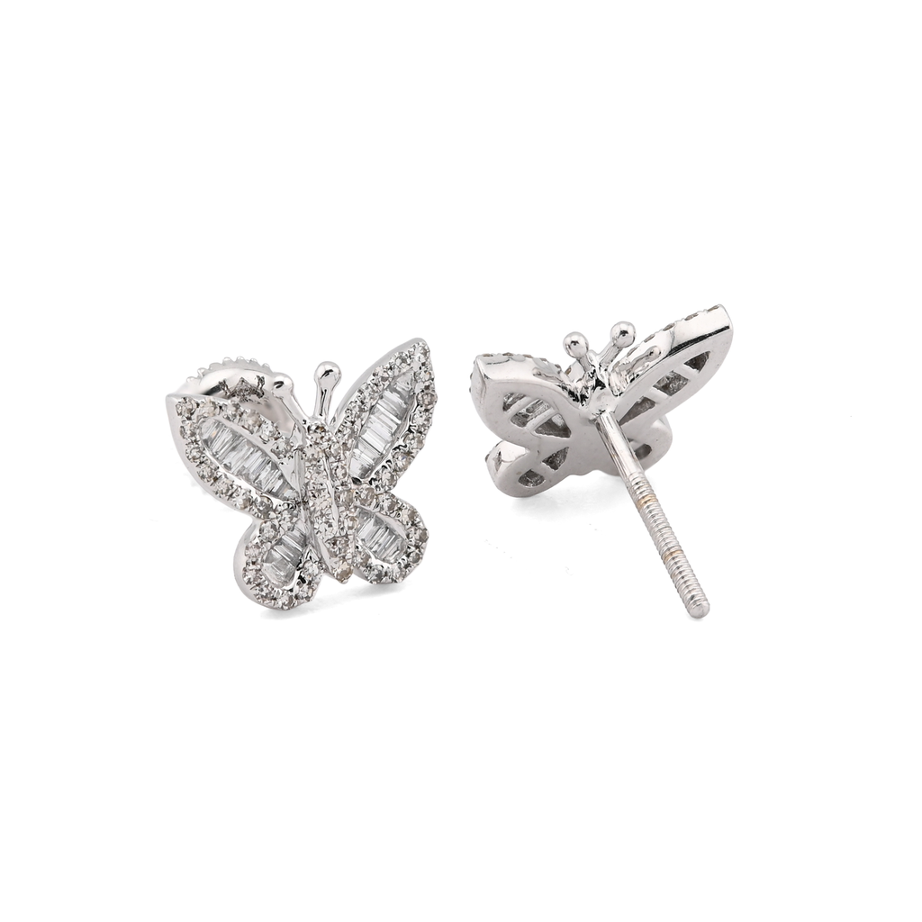 10K White Gold 0.44CT Round & Baguette Natural Diamond Butterfly Stud Women Earring