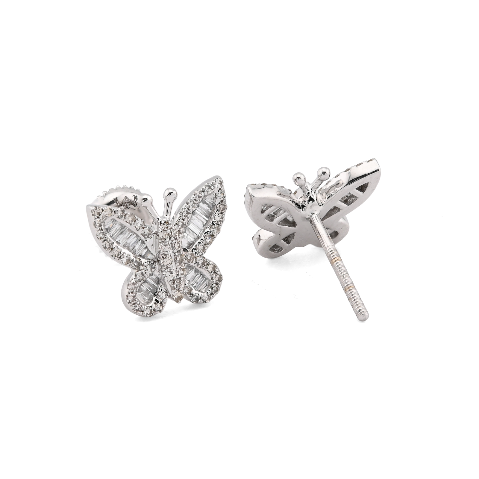 10K White Gold 0.44CT Round & Baguette Natural Diamond Butterfly Stud Women Earring