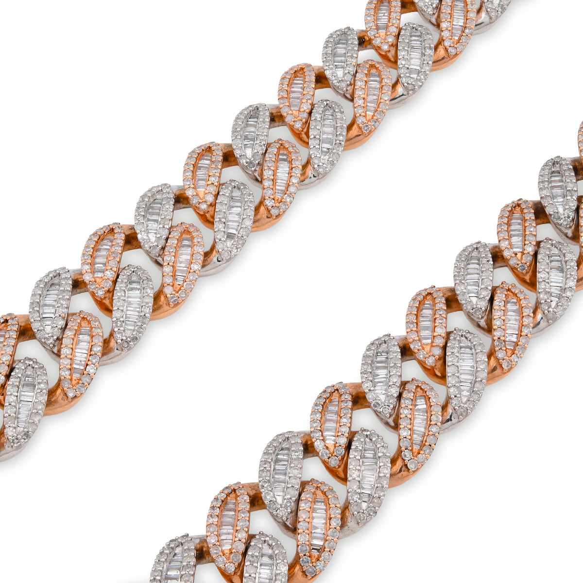 10K Rose/White Gold 21.48CT Natural Round/Baguette Diamond 22" Cuban Link Chain 12MM Necklace