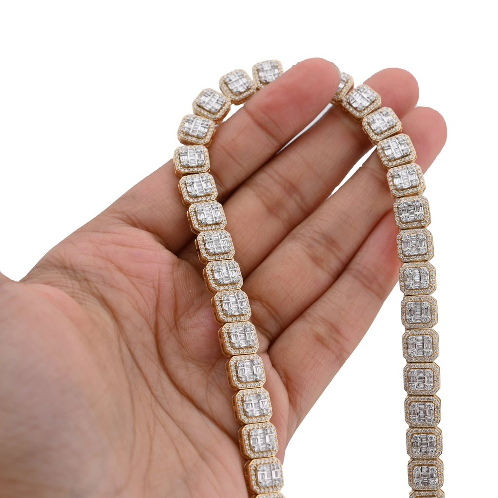 10K Yellow Gold 14.71CT Baguette Natural Diamond 77.3G Tennis Chain Men Women 8MM Necklace