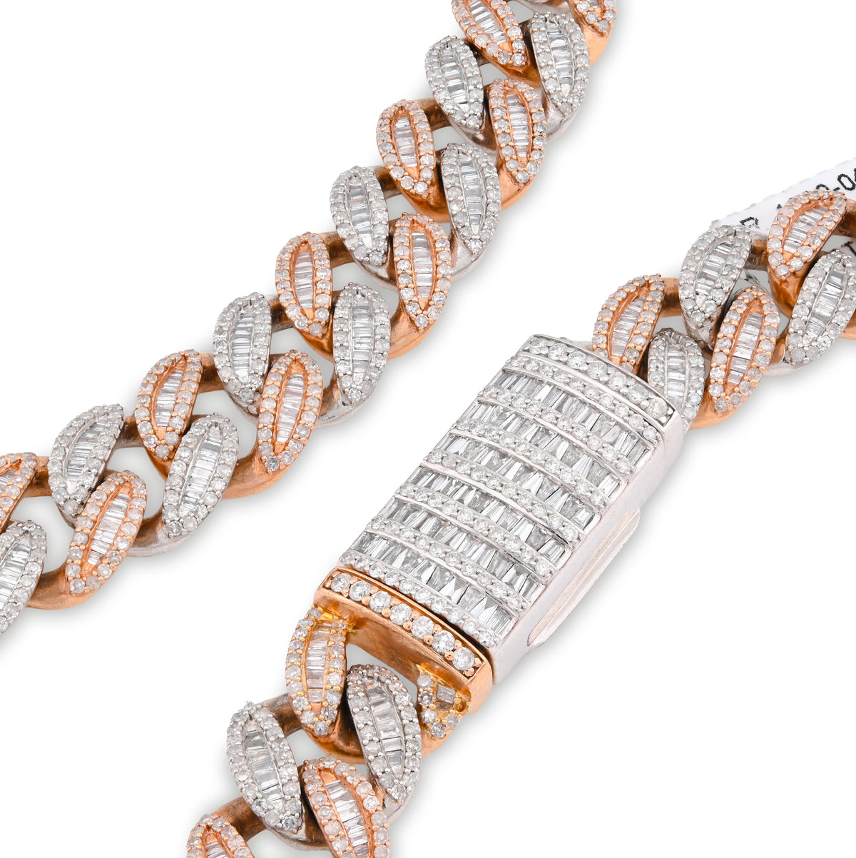 10K Rose/White Gold 21.48CT Natural Round/Baguette Diamond 22" Cuban Link Chain 12MM Necklace