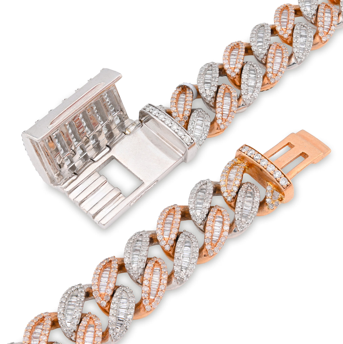 10K Rose/White Gold 21.48CT Natural Round/Baguette Diamond 22" Cuban Link Chain 12MM Necklace