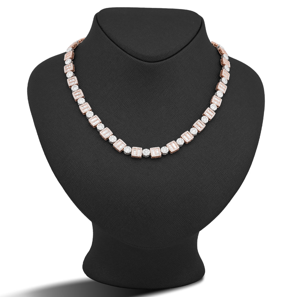 10K Rose/White Gold Square Round Link Natural Round/Baguette Diamond Men Women Tennis Chain