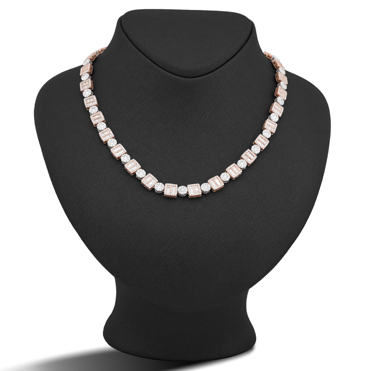 10K Rose/White Gold Square Round Link Natural Round/Baguette Diamond Men Women Tennis Chain