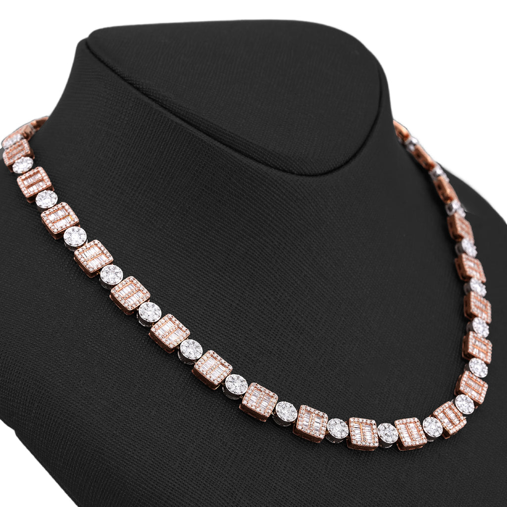 10K Rose/White Gold Square Round Link Natural Round/Baguette Diamond Men Women Tennis Chain