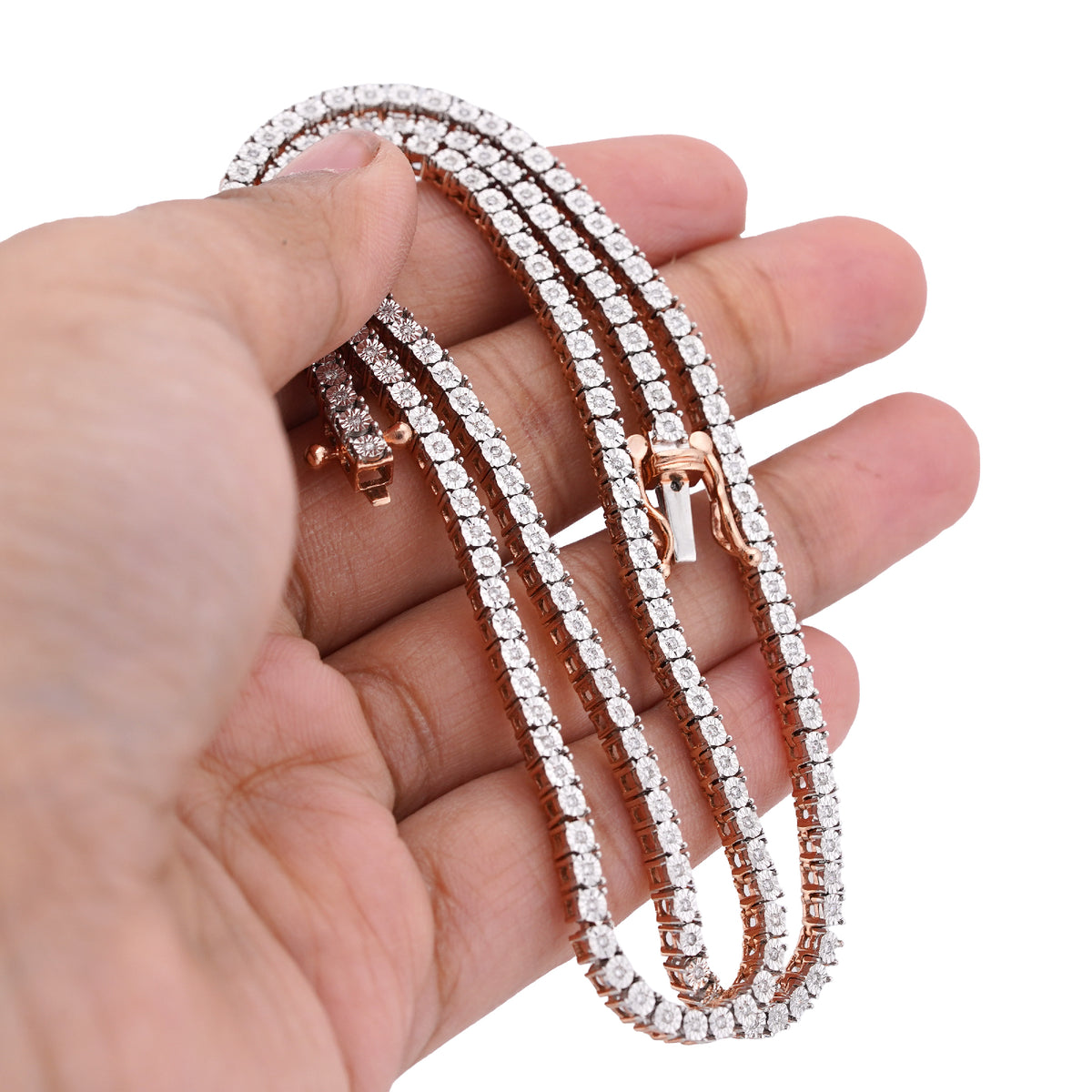 10K Rose Gold 0.78CT Natural Diamond 2.5MM Illusion Tennis Chain 18" Men Women Necklace