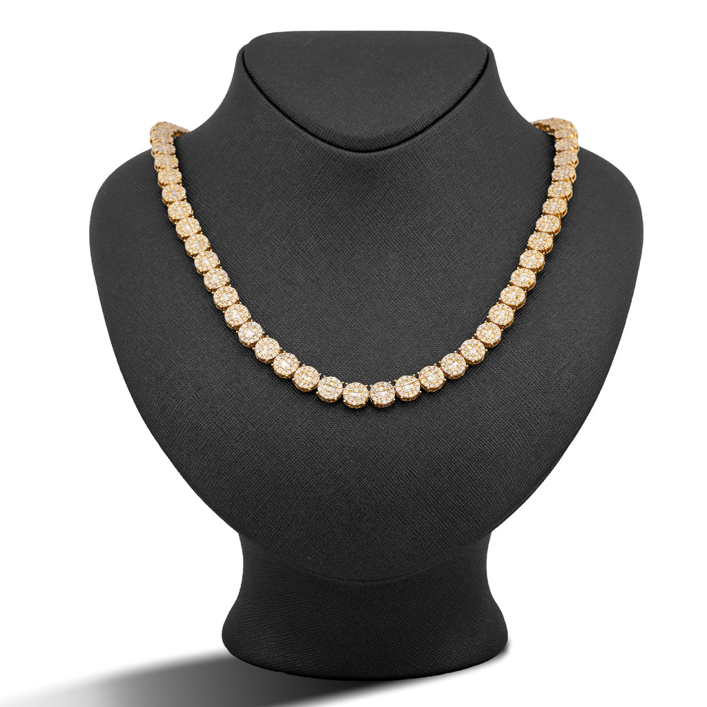 10K Yellow Gold 20CT Natural Round/Baguette Diamond 8MM Flower Cluster Tennis Chain