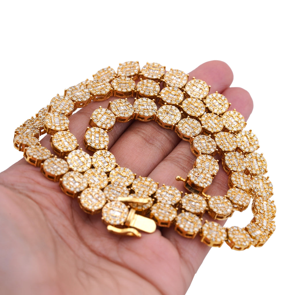 10K Yellow Gold 20CT Natural Round/Baguette Diamond 8MM Flower Cluster Tennis Chain