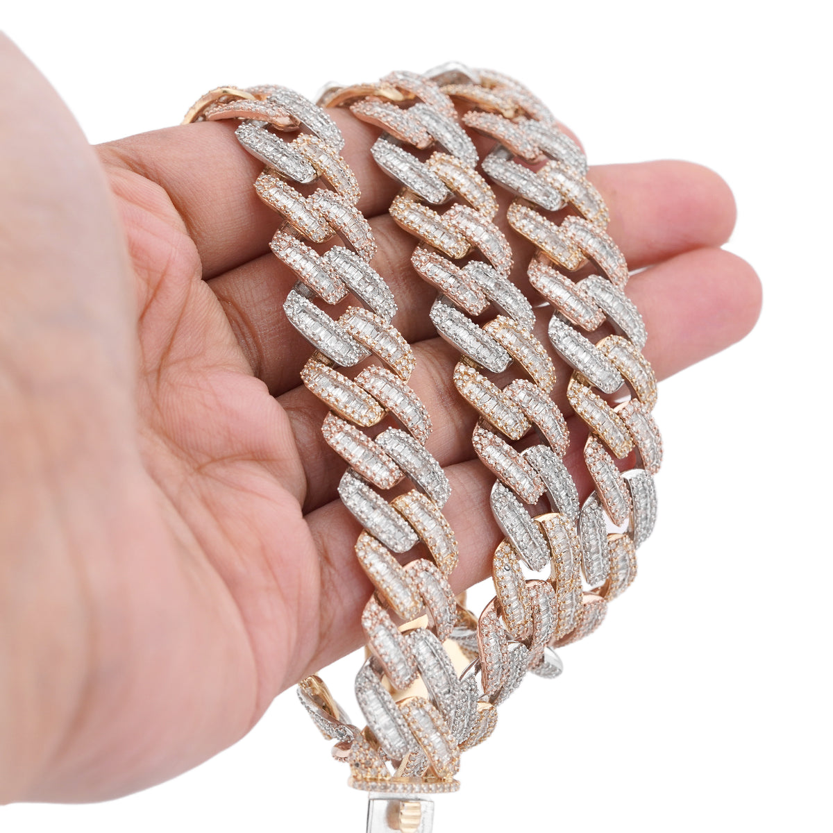 10K 3-Tone Yellow/White/Rose Gold 26CT Natural Diamond Round/Baguette 13MM Chain Men 22" Necklace