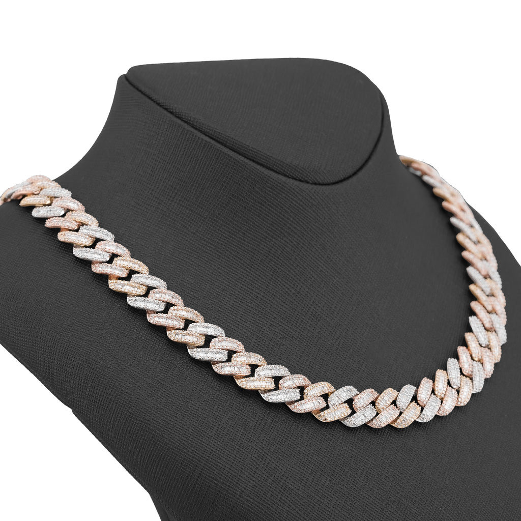 10K 3-Tone Yellow/White/Rose Gold 26CT Natural Diamond Round/Baguette 13MM Chain Men 22" Necklace