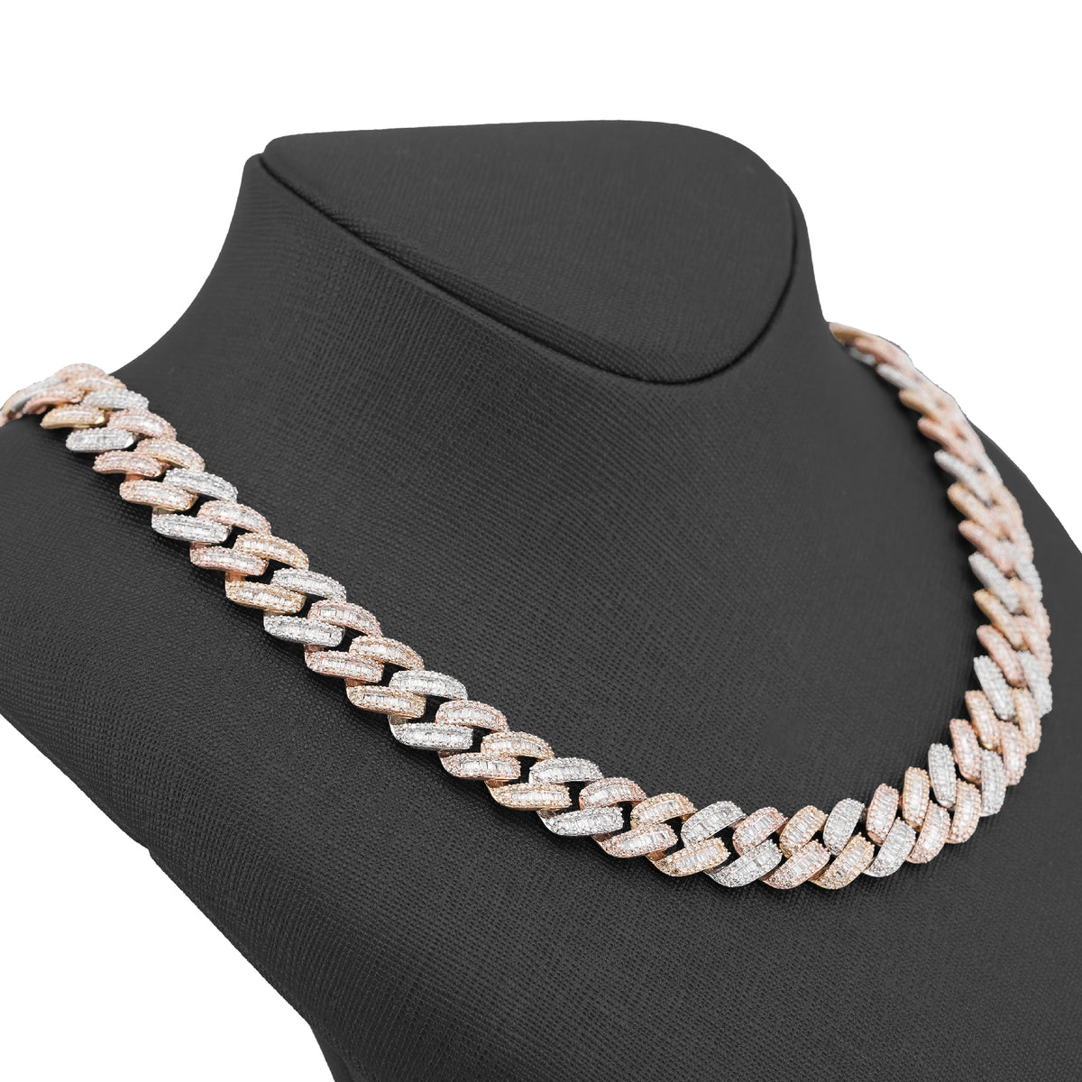 10K 3-Tone Yellow/White/Rose Gold 26CT Natural Diamond Round/Baguette 13MM Chain Men 22" Necklace