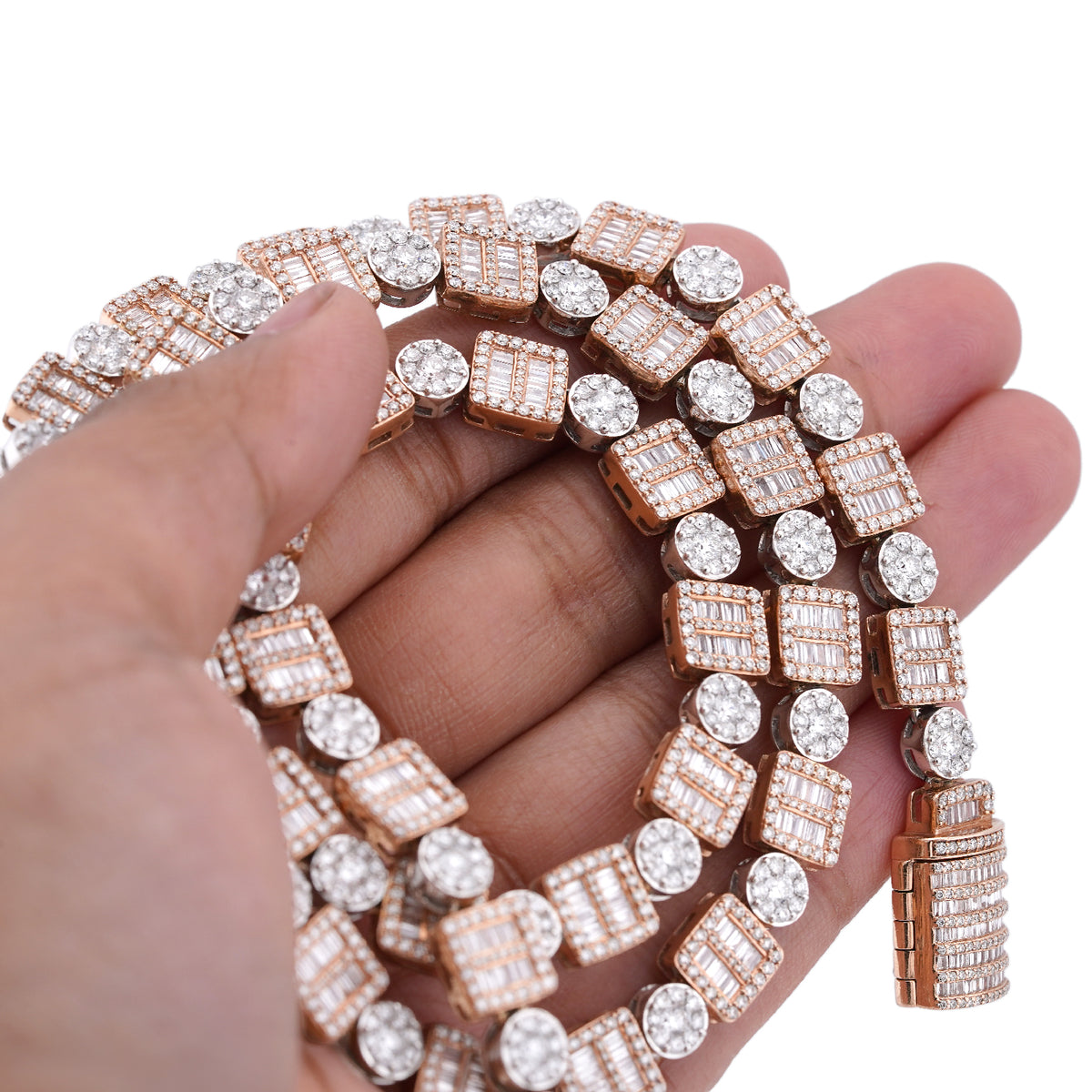 10K Rose/White Gold Square Round Link Natural Round/Baguette Diamond Men Women Tennis Chain