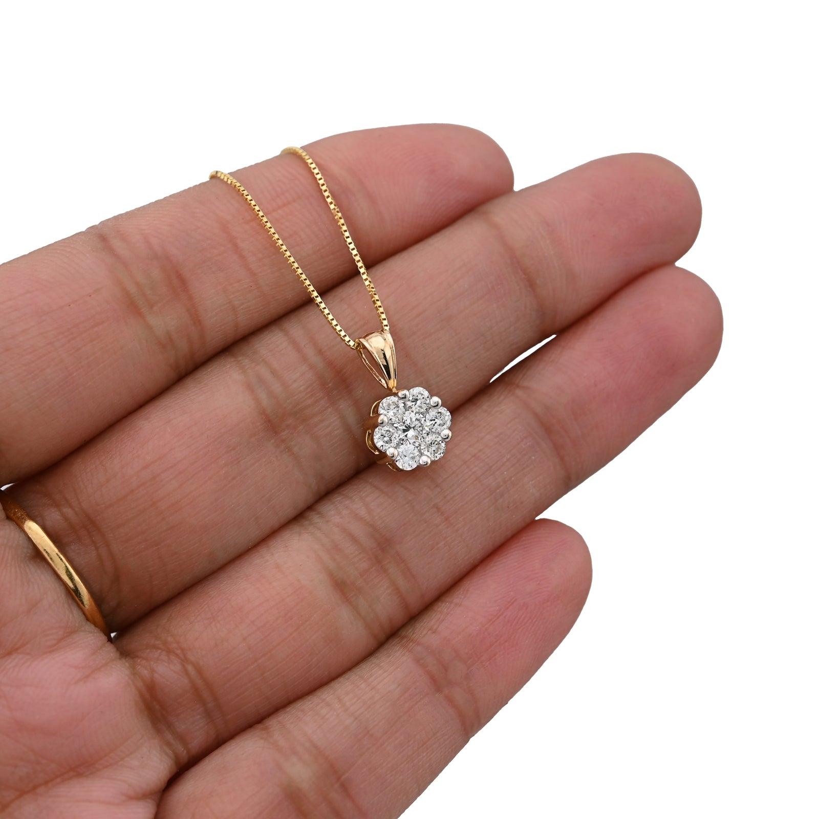 10K Yellow Gold 0.75 CT Natural Diamond Flower Cluster Pendant Box Chain Set