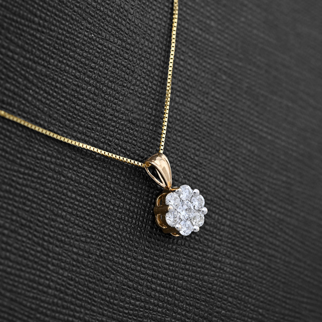 10K Yellow Gold 0.75 CT Natural Diamond Flower Cluster Pendant Box Chain Set