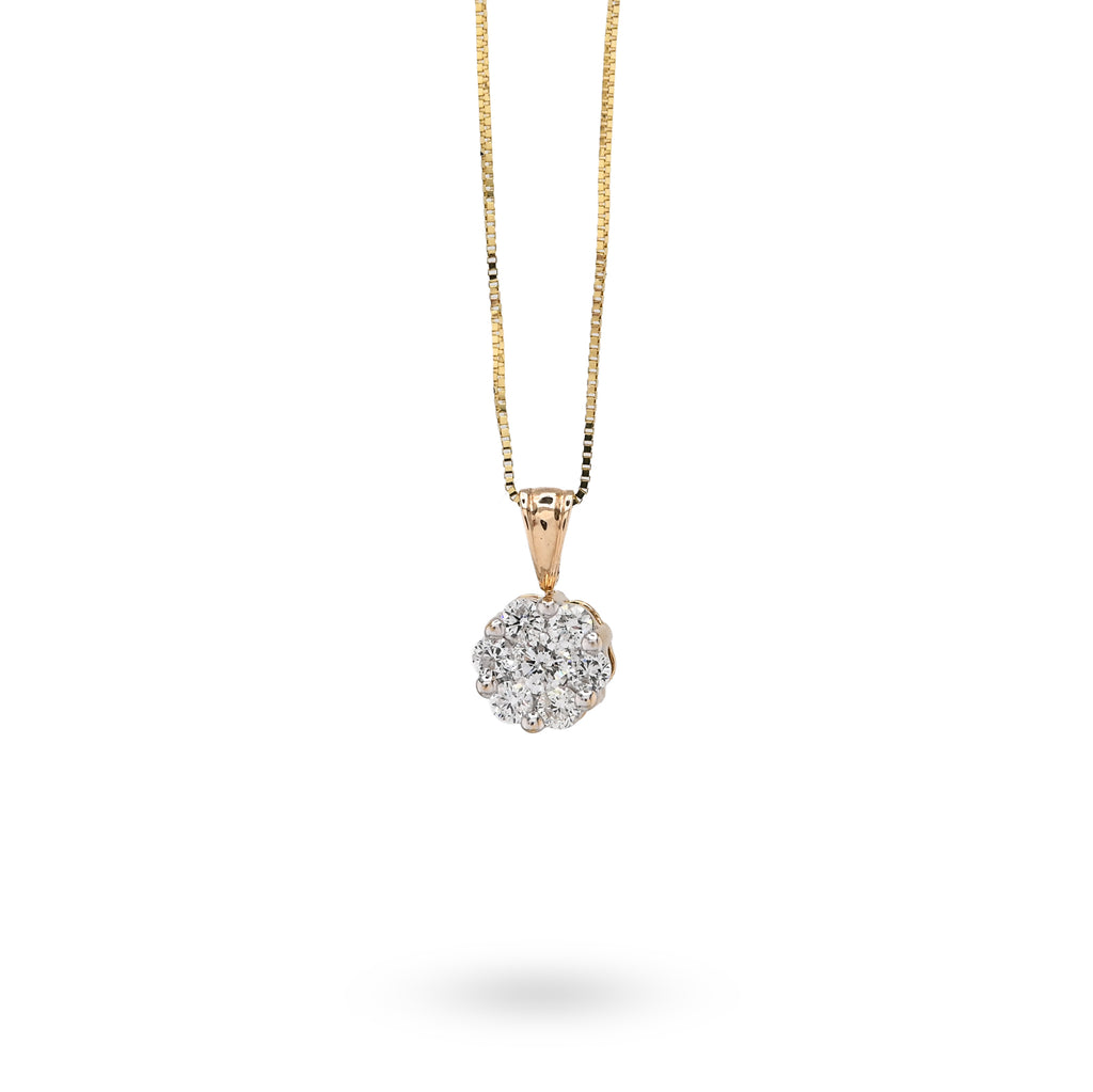 10K Yellow Gold 0.75 CT Natural Diamond Flower Cluster Pendant Box Chain Set
