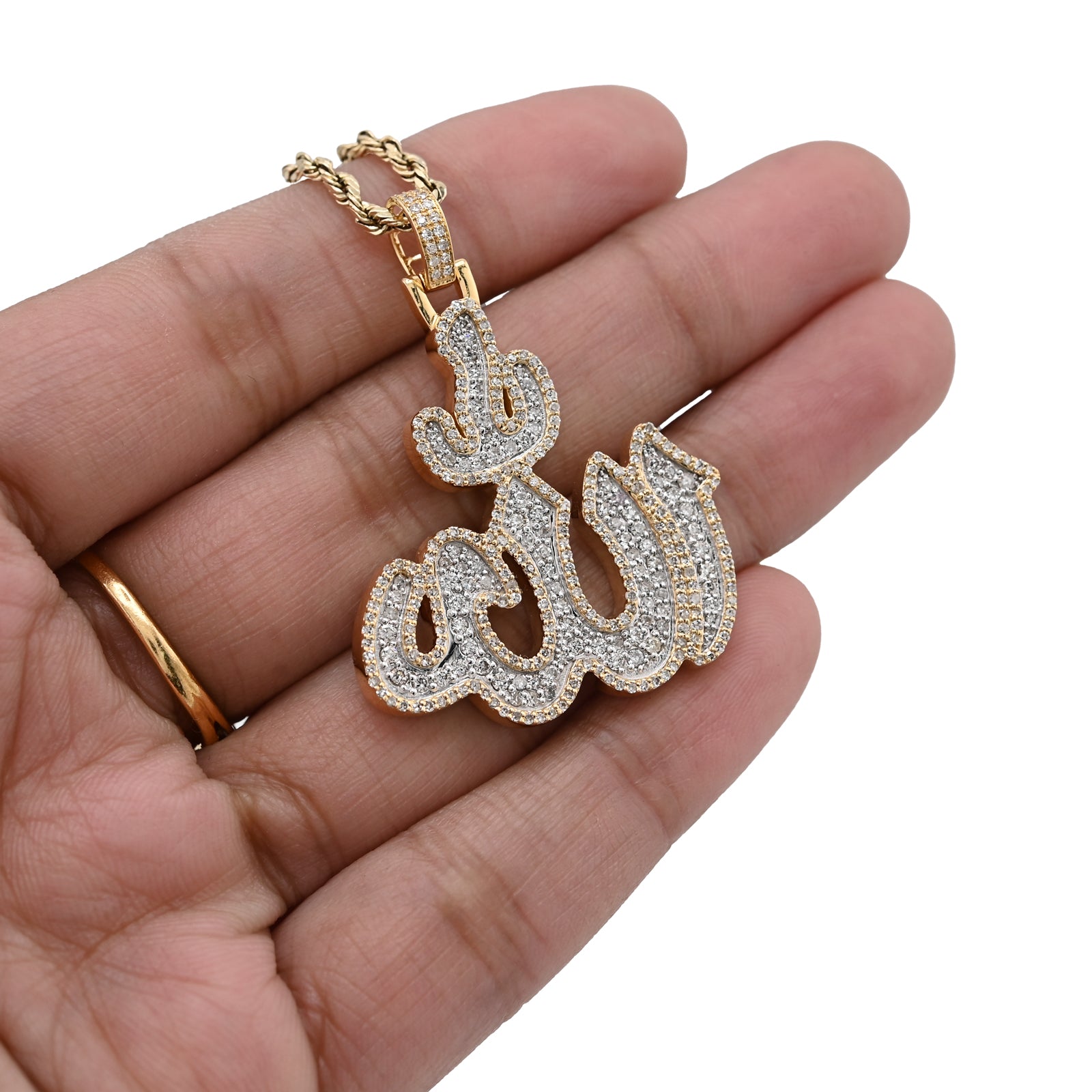 10K Yellow Gold 1.25 CT Natural Diamond Allah Religious Pendant Men Women Charm 1.75"