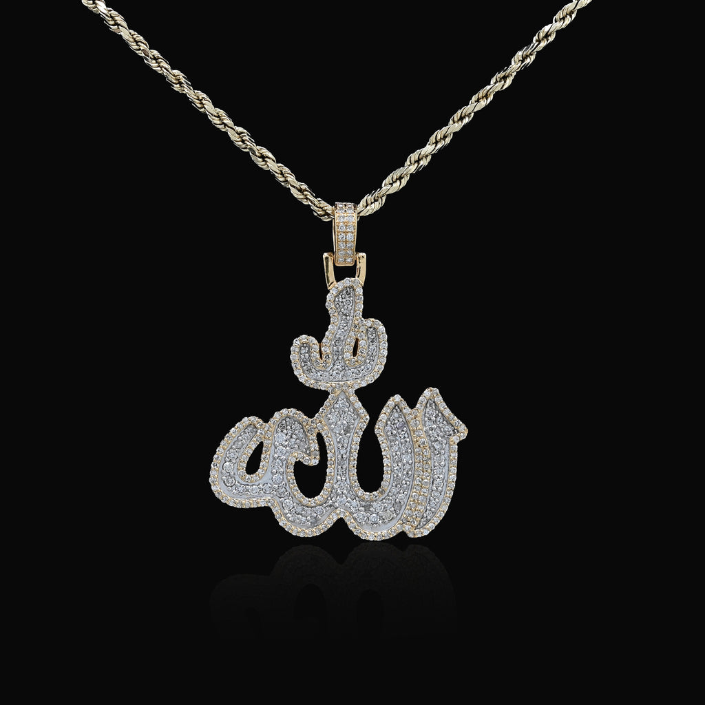 10K Yellow Gold 1.25 CT Natural Diamond Allah Religious Pendant Men Women Charm 1.75"