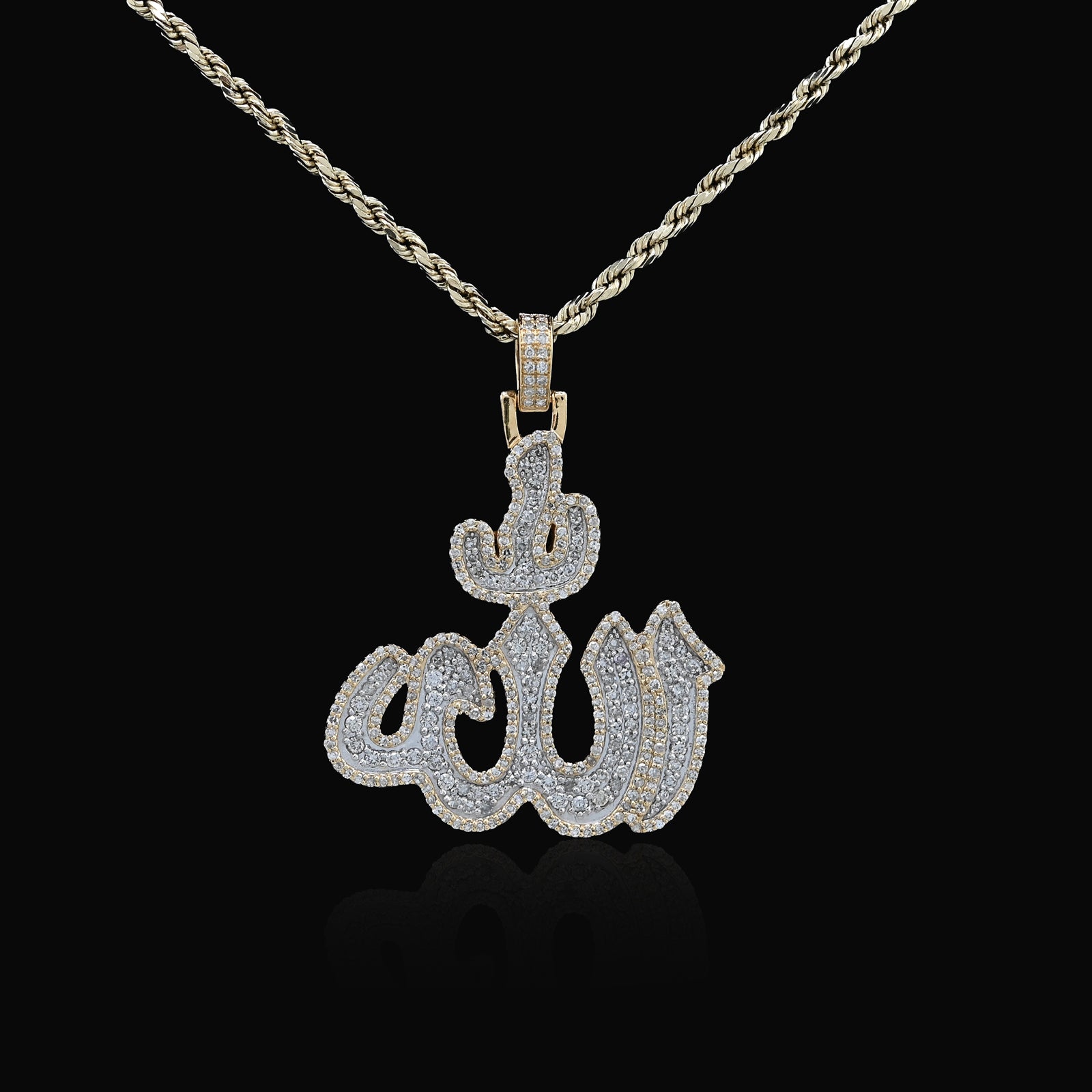 10K Yellow Gold 1.25 CT Natural Diamond Allah Religious Pendant Men Women Charm 1.75"