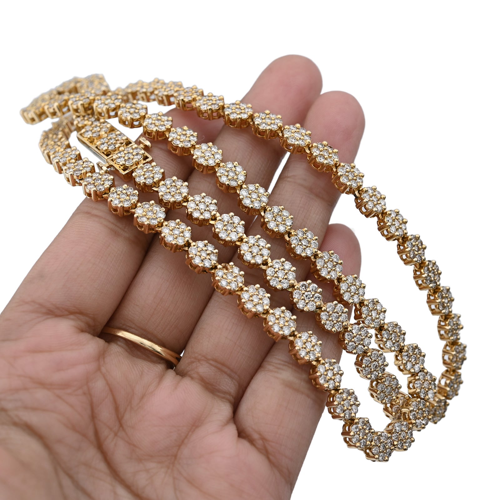10K Yellow Gold 16 CT Natural Diamond Flower Setting Tennis Chain 22" Men's Necklace