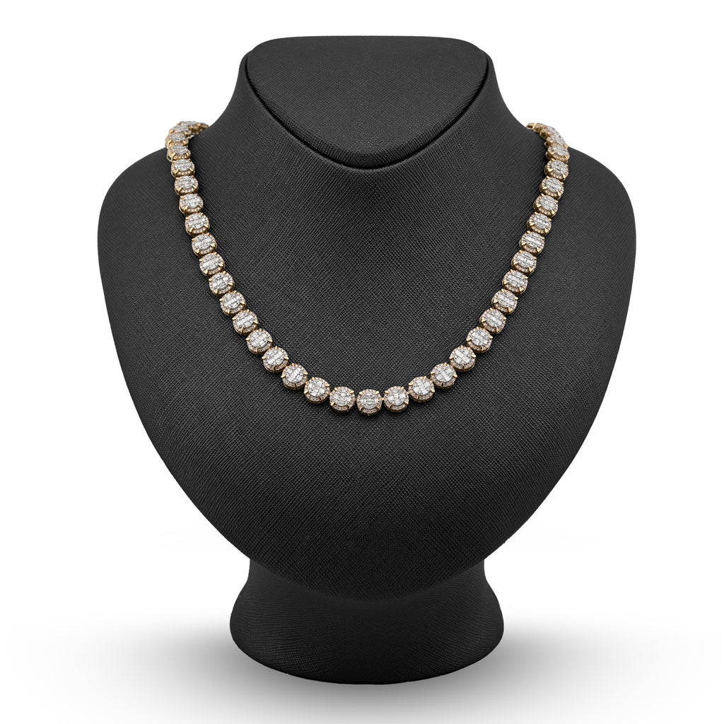 10K Yellow Gold 14 CTW Natural Diamond Baguette/Round Tennis Chain Round Shape Link 20" Necklace