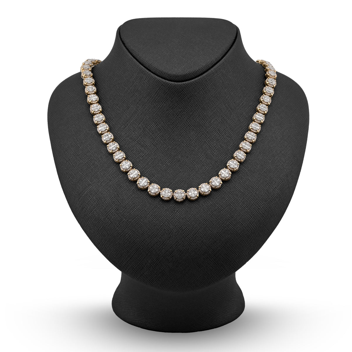 10K Yellow Gold 14 CTW Natural Diamond Baguette/Round Tennis Chain Round Shape Link 20" Necklace