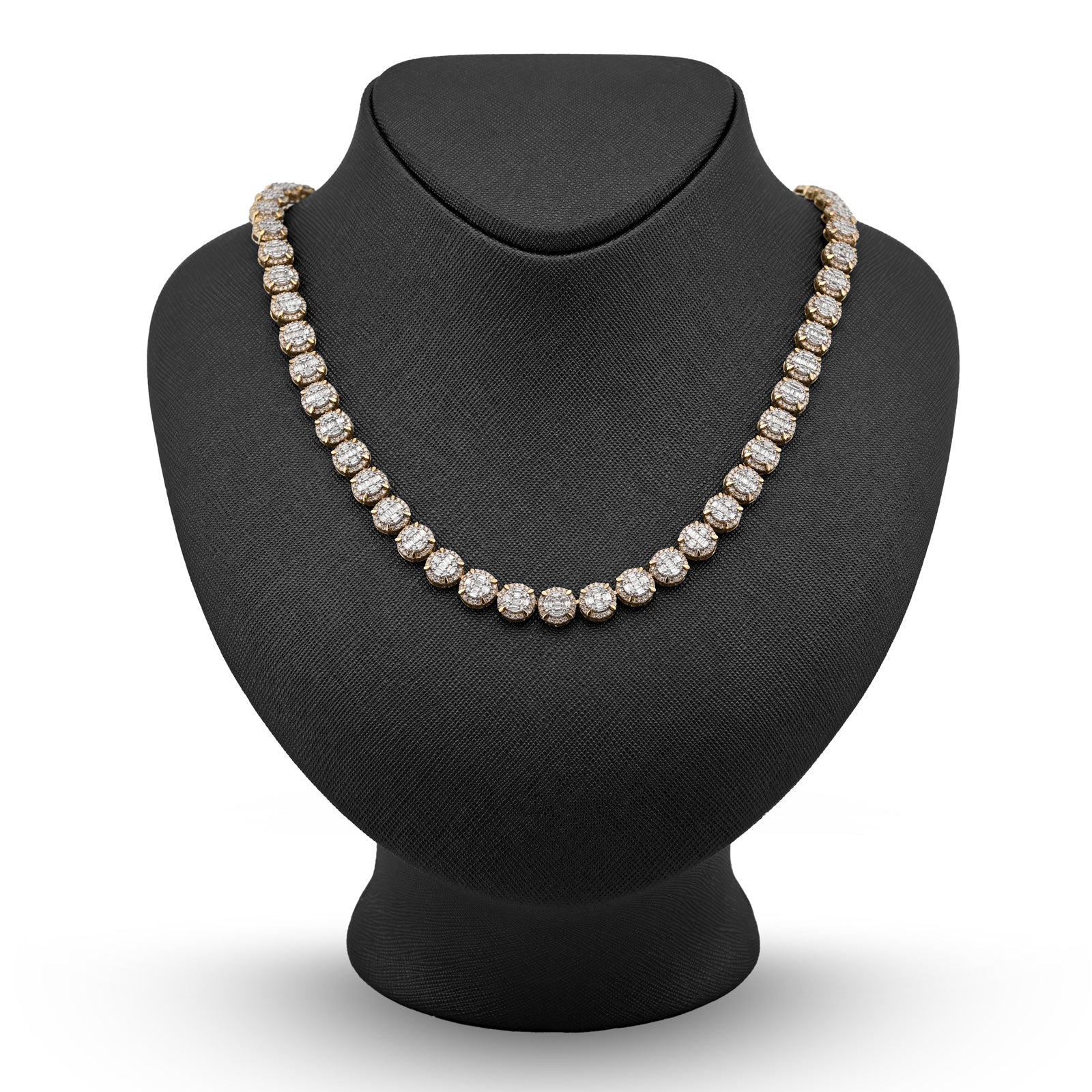 10K Yellow Gold 14 CTW Natural Diamond Baguette/Round Tennis Chain Round Shape Link 20" Necklace