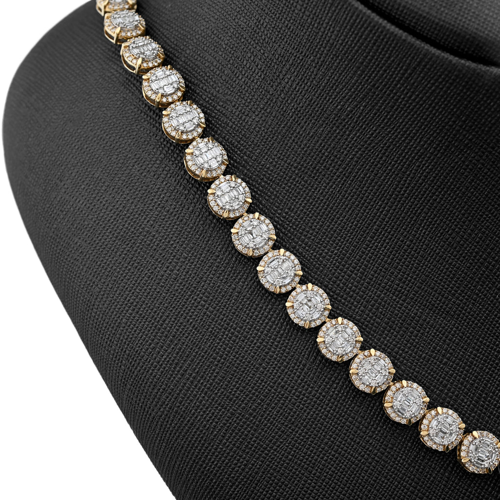 10K Yellow Gold 14 CTW Natural Diamond Baguette/Round Tennis Chain Round Shape Link 20" Necklace