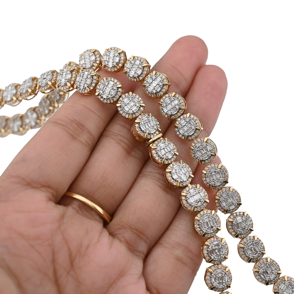 10K Yellow Gold 14 CTW Natural Diamond Baguette/Round Tennis Chain Round Shape Link 20" Necklace