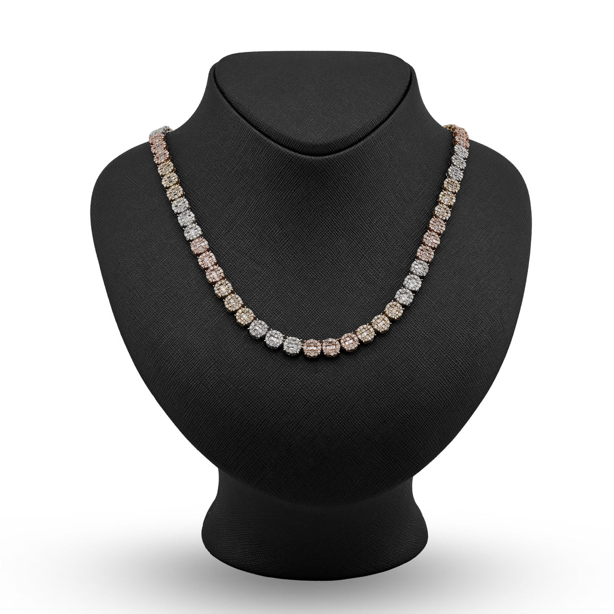 10K Yellow, White & Rose Gold 18.95 CT Natural Diamond Round/Baguette 3 Tone Round Shape Tennis Chain